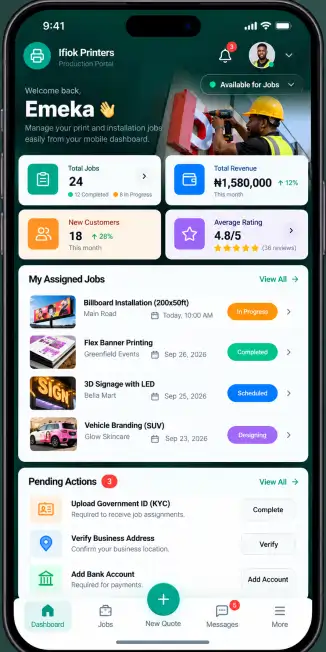 The Ifiok partner dashboard on a phone, showing assigned jobs and their stages