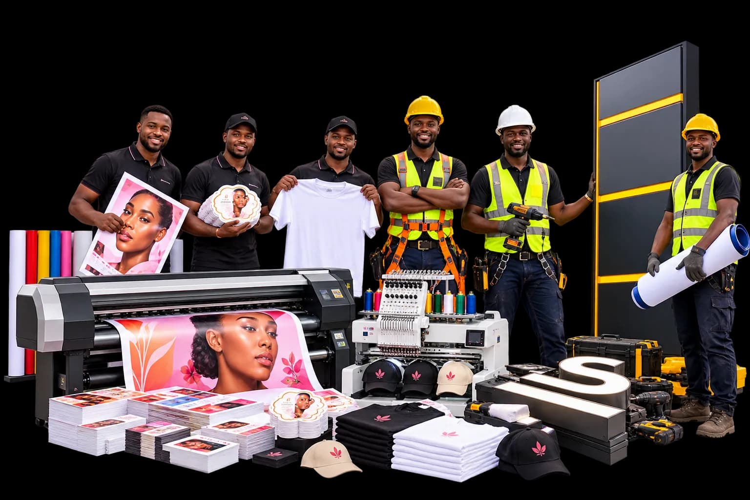 Ifiok print-shop staff and signage installers at work