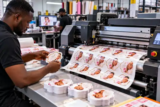 Printed label sheets coming off a digital press
