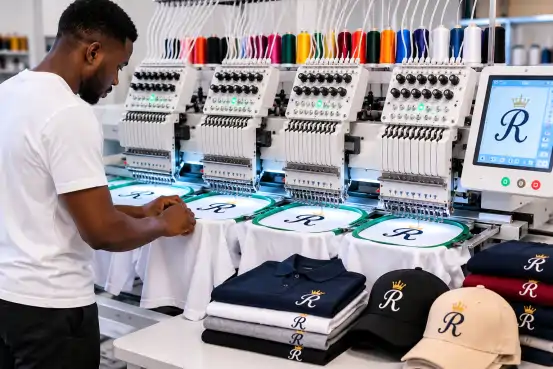 Multi-head embroidery machine monogramming shirts and caps