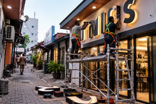Installers mounting illuminated shopfront letters