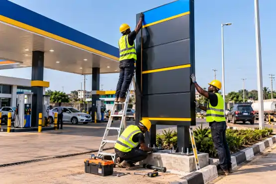 Installers fitting a signage pylon at a filling station
