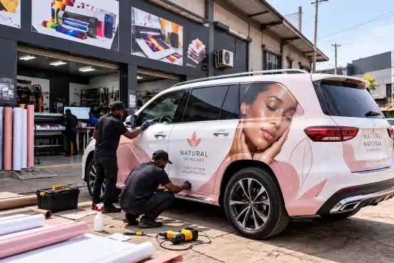 Fitting a printed vehicle wrap outside a print shop